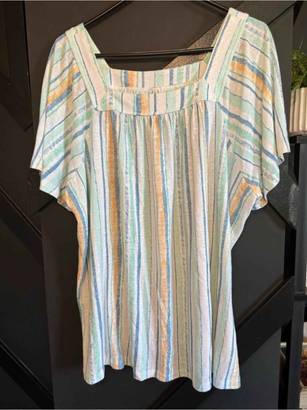 EVRI Striped Square-Neck Flutter Sleeve Tunic - White, Blue & Yellow